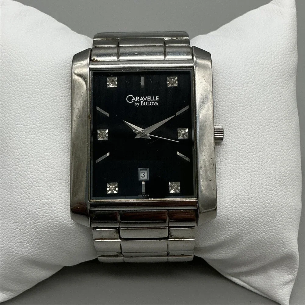 Caravelle By Bulova Mens Watch 33mm Black Dial Stainless Bracelet New Battery 6